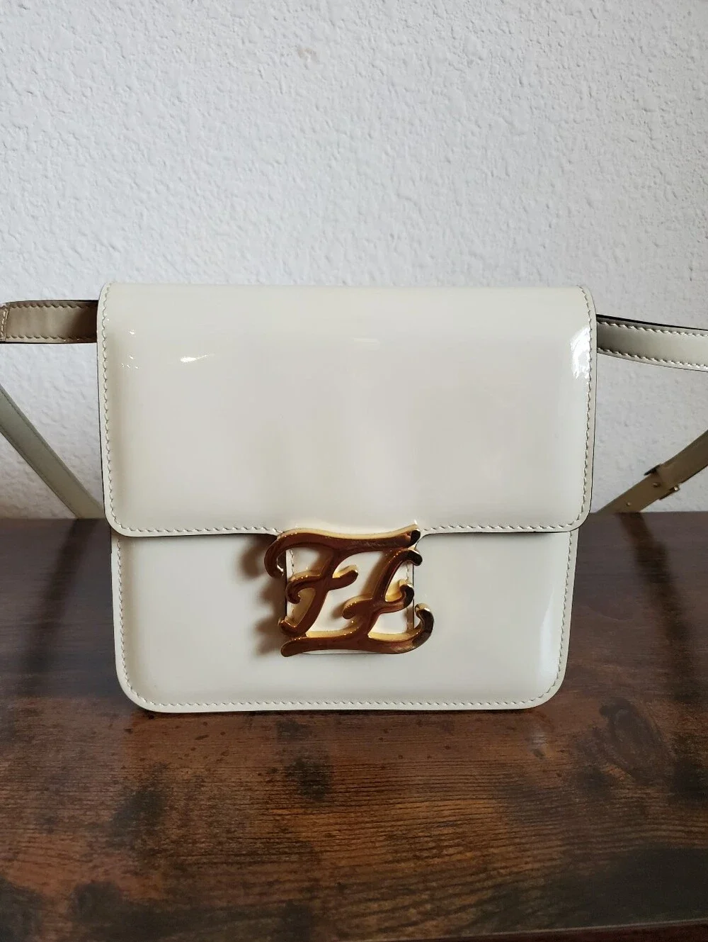 Fendi Cream Patent Leather Karligraphy Bag